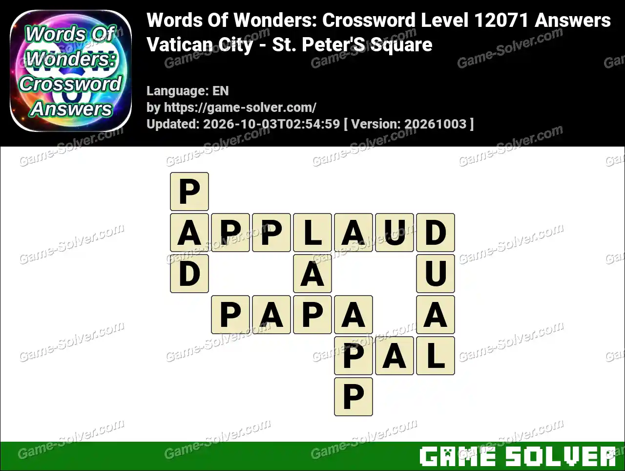 Words Of Wonders: Crossword Level 12071 Answers – Vatican City – St. Peter’S Square
